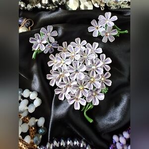 Lavender Floral Cluster Brooch Set with Green Stems Excellent Pre-loved Conditn.